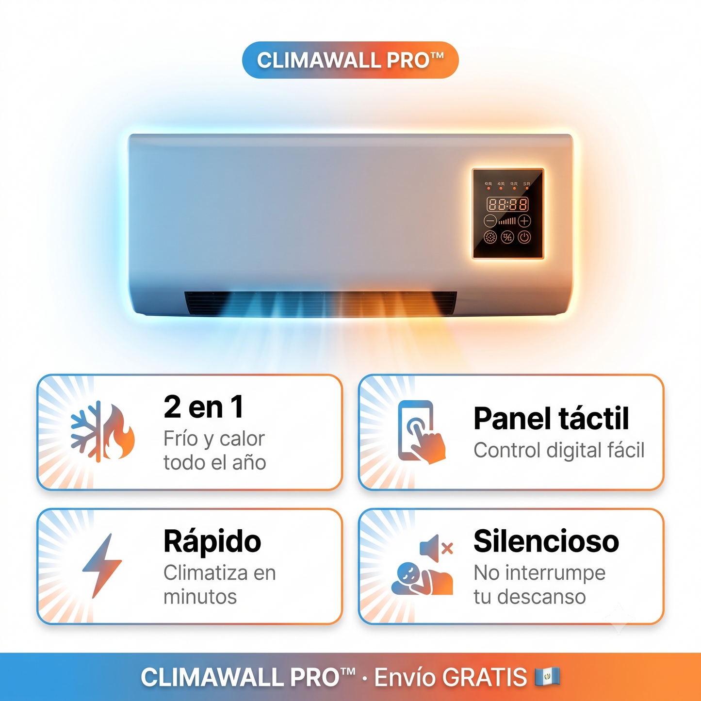 ClimaWall Pro™ | Aire Frío y Calor 2 en 1 Montado en Pared | Panel Táctil Digital